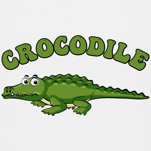 Cartoon crocodile with the word CROCODILE above it on a white background