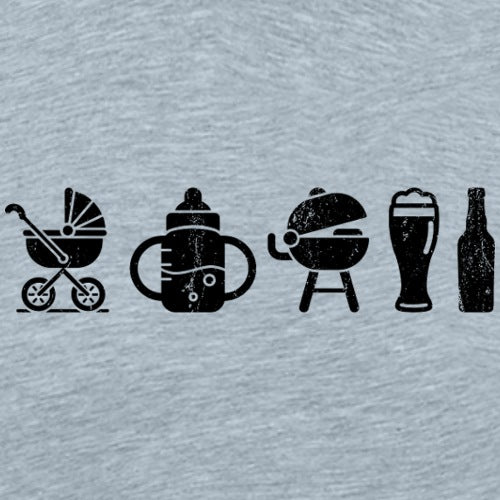 Set of black icons including a baby stroller, bottle, grill, glass, and bottle on a light gray background.