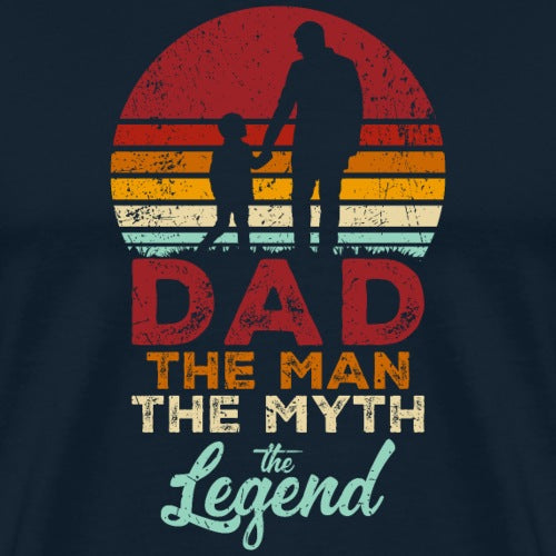 Navy blue t-shirt with a graphic of a father and child silhouette against a sunset, with text 'Dad the man the myth the legend'.