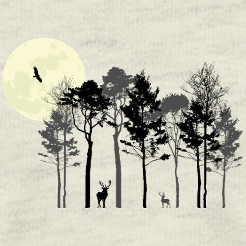 Deer silhouette in woodland backdrop, evoking peaceful nature.