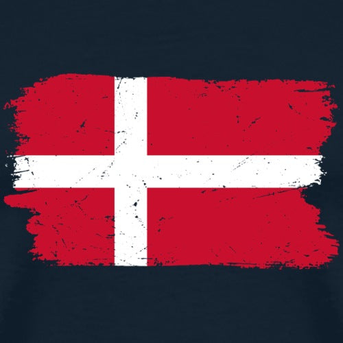 Navy blue shirt with a red and white flag design on a dark background