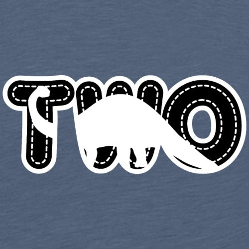 Blue kids’ birthday t-shirt with white outlined text and dinosaur-themed design for two-year-olds