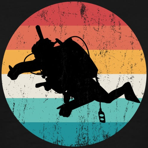 Silhouette of a diver against a colorful circular background with a sunset design.
