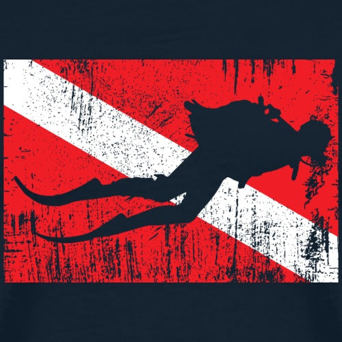 Diver silhouette on a red and white diagonal stripe background