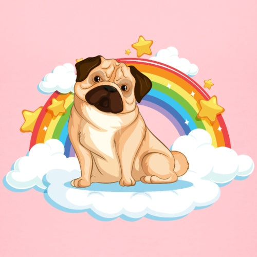 Cartoon pug dog on a cloud with a rainbow and stars in the background