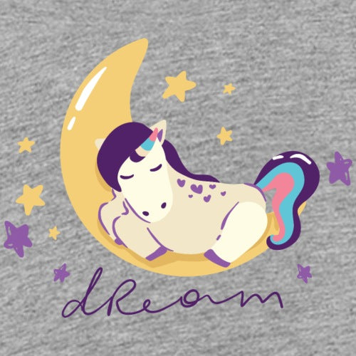 Unicorn sleeping on a moon with stars and 'dream' text on a gray background