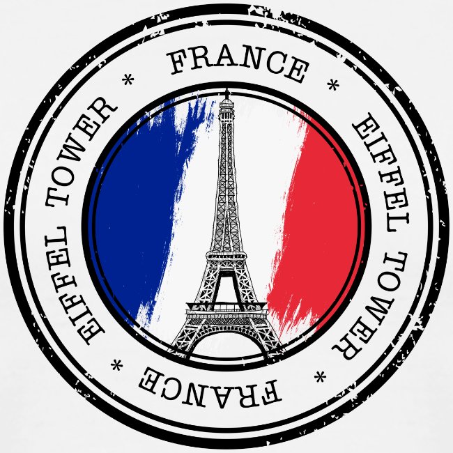 Circular design with Eiffel Tower silhouette and French flag colors on a white background
