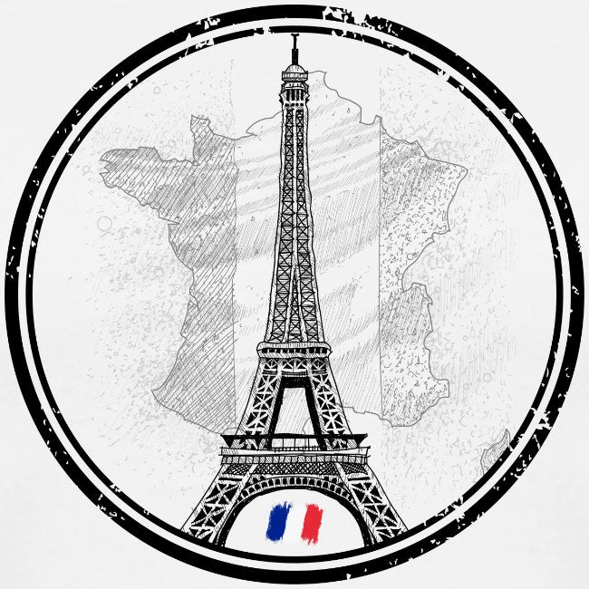 Eiffel Tower with French flag colors on a map of France inside a circular border.