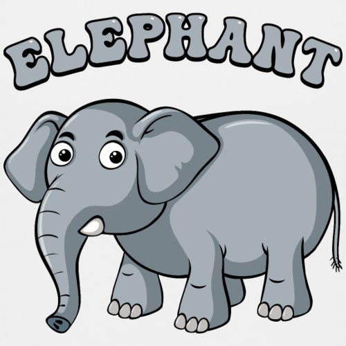 Cartoon elephant with the word 'ELEPHANT' above it on a light gray background