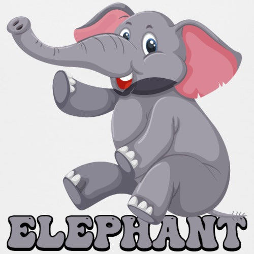 Cartoon elephant with pink ears and the word 'Elephant' below on a light gray background