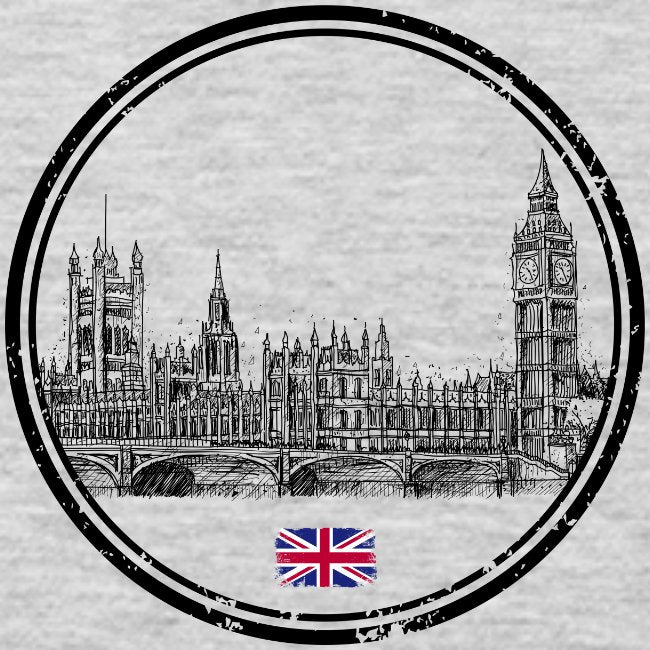 Black and white illustration of Elizabeth Tower and British Parliament with Union Jack flag on light gray background, ideal for UK-themed fashion and London travel lovers