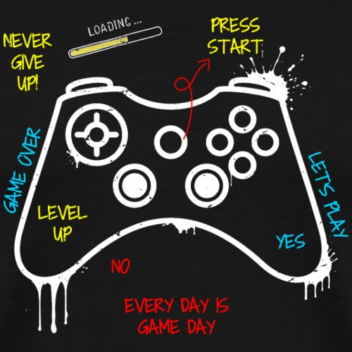 White gaming controller illustration with motivational text on a black background