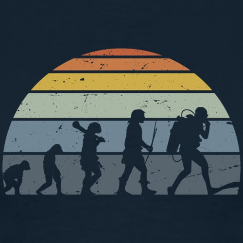 Silhouette of a person with a hockey stick, spear, and scuba gear against a multicolored circular background.