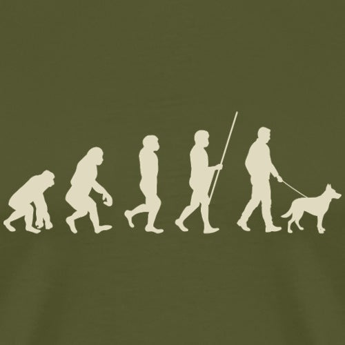 Evolutionary illustration of a person with a dog on a leash on a green background