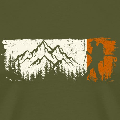 T-shirt with mountain and hiker design on a green background