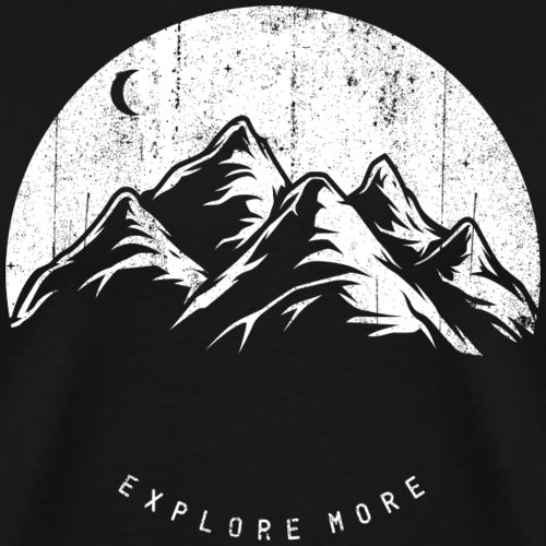 Black and white mountain graphic with 'EXPLORE MORE' text on a textured background