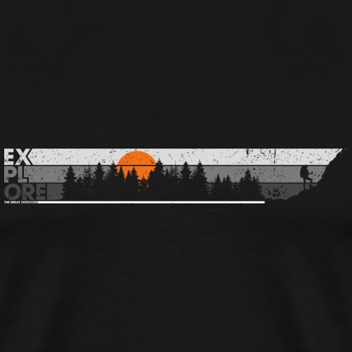 Black t-shirt with a graphic of a sunset over trees and the word 'EXPLORE' on a white background.