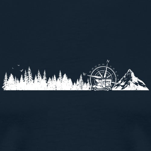 White silhouette of a camper van, compass, and mountains on a dark blue background