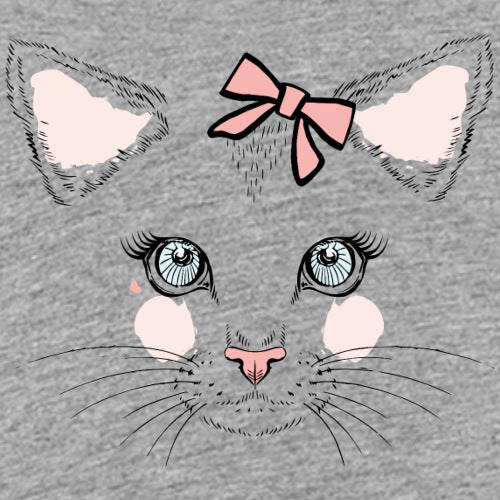 Cartoon cat face with a pink bow on a gray background