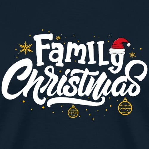Navy blue shirt with 'Family Christmas' text and festive graphics on a dark background