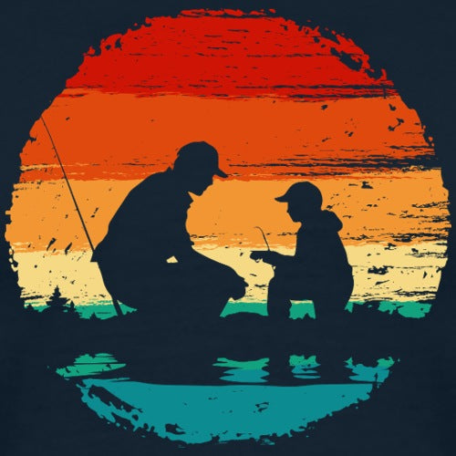 Silhouette of a man and child fishing with a sunset background