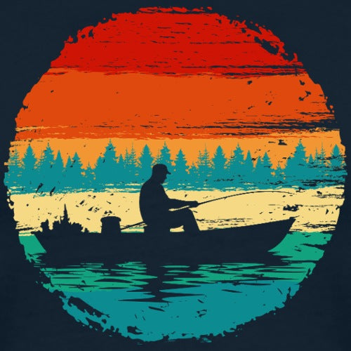 Fishing scene with a person in a boat at sunset, surrounded by trees.