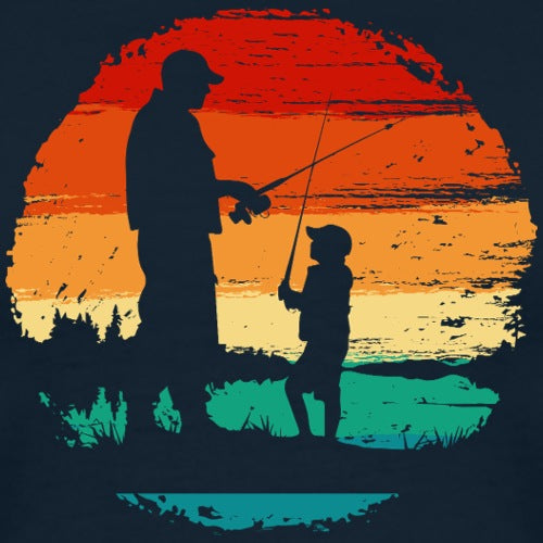 Silhouette of a man and child fishing with a colorful sunset background
