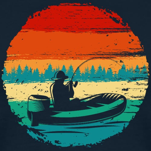 Silhouette of a person in a kayak fishing with a colorful sunset background