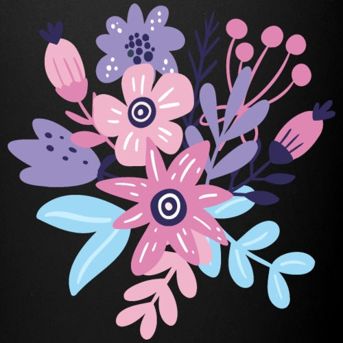 Colorful floral arrangement with pink, purple, and blue flowers on a black background