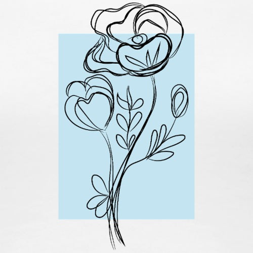 Black line drawing of flowers on a light blue background
