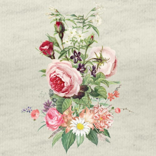 Vintage-style floral arrangement with pink roses and green leaves on a textured beige background