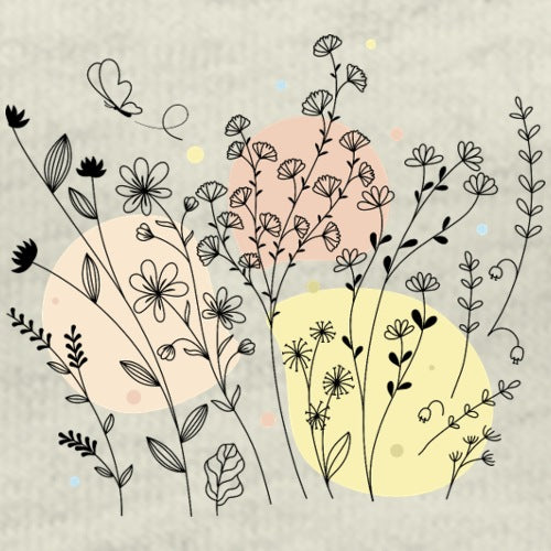 Illustration of flowers and leaves with circular shapes on a textured background