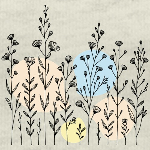 Illustration of black floral branches on a beige background with colorful circles.
