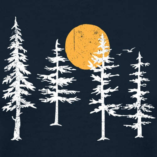 Simple forest and moon graphic evoking calm and mystery.