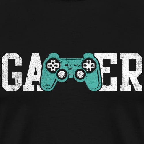 Teal gaming controller with 'Gamer' text on a black background