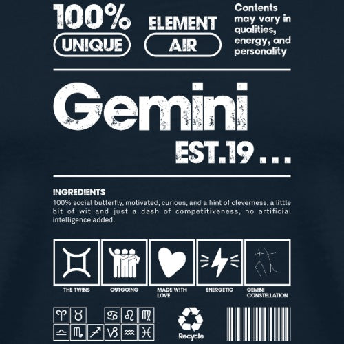 Product label for 'Gemini' with zodiac details on a dark background