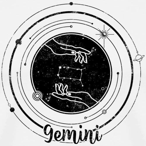 Illustration of Gemini zodiac sign with hands holding constellation diagram on a white background