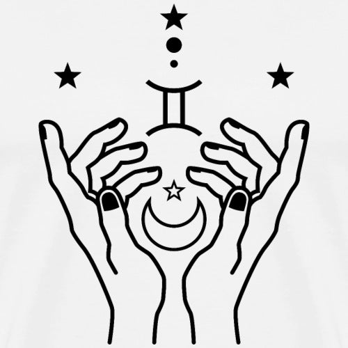 Spiritual Gemini zodiac pendant held by a hand, surrounded by cosmic stars and planetary symbols on a minimalist white canvas.