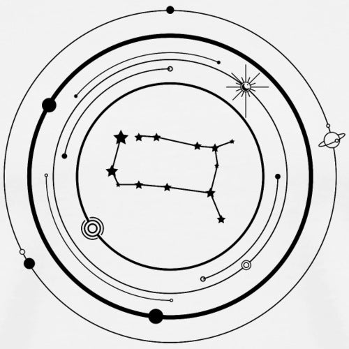 Gemini zodiac constellation diagram with circular orbit lines on a white background