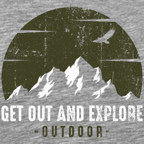 Vintage-style graphic with mountains, an eagle, and 'Get Out and Explore Outdoor' text on a gray background.