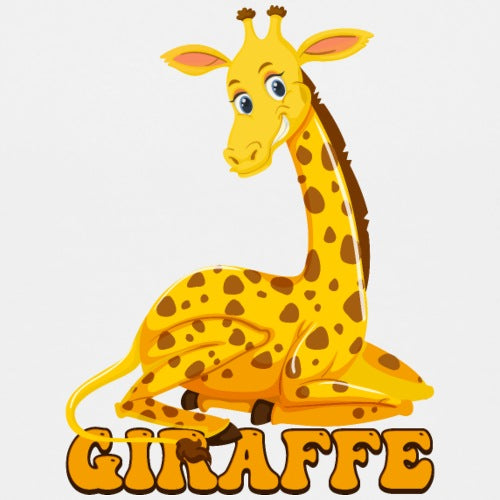 Cartoon giraffe with GIRAFFE text on a white background