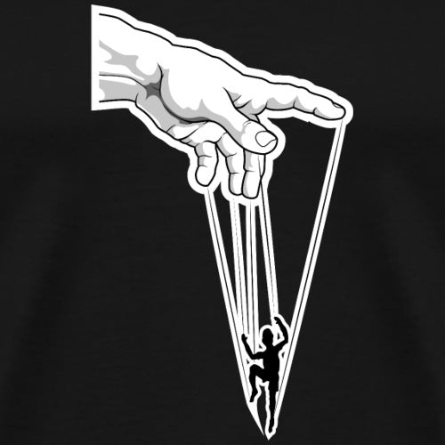 Illustration of a hand pulling on a string with a silhouette of a person at the end, set against a black background.