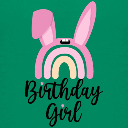 Pink rainbow with bunny ears and Birthday Girl text on a green background
