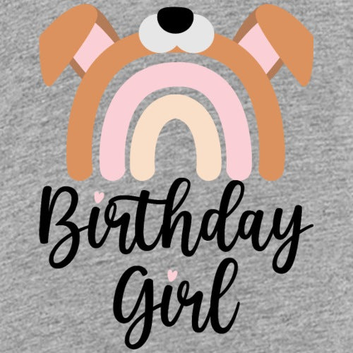 Gray shirt with a dog face and rainbow design above Birthday Gir