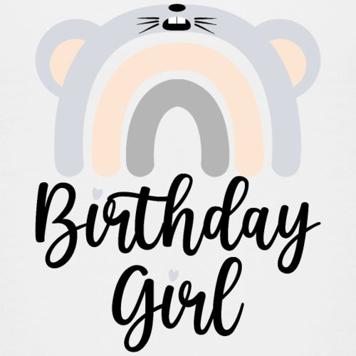 Decorative design with rainbow and cat ears above 'Birthday Girl' text on a light gray background