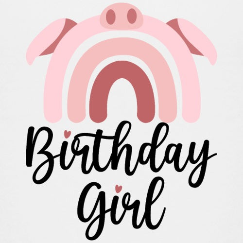 Pink rainbow with Birthday Girl text on a light gray background