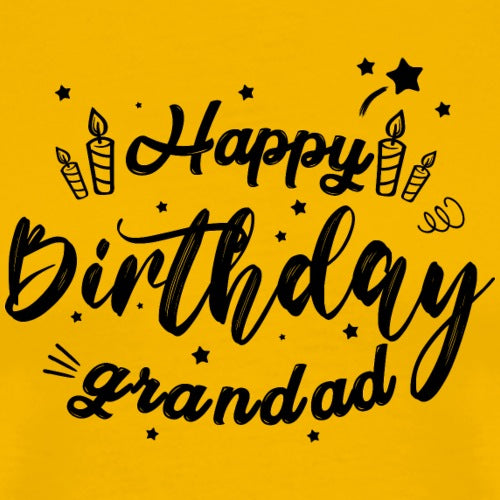 Happy Birthday Grandad text with candles and stars on a yellow background