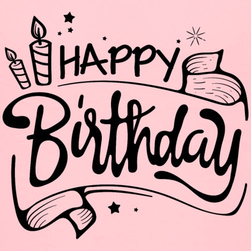Happy Birthday text with candles and a ribbon on a pink background