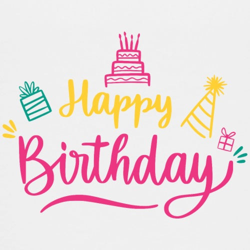Colorful 'Happy Birthday' text with cake, gift, and party hat icons on a white background
