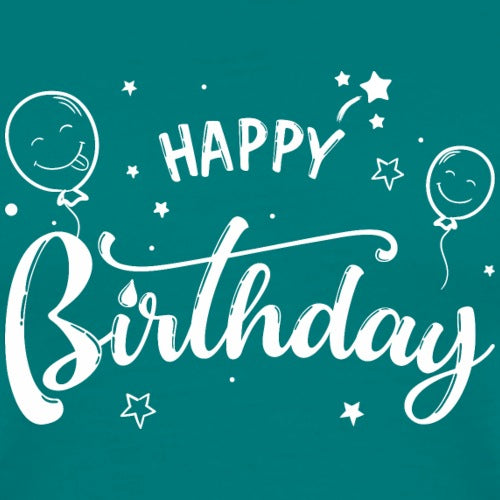 Happy Birthday text with smiling balloons on a teal background
